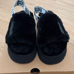 UGG Black Faux Fur Platform Slingback Slides